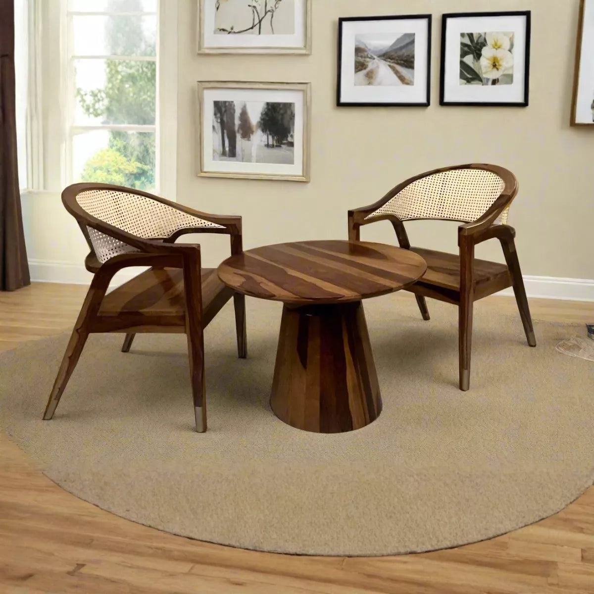 Cane Back Accent Chair and Round Pedestal Table – Available as a Set or Single Piece - Induscraft