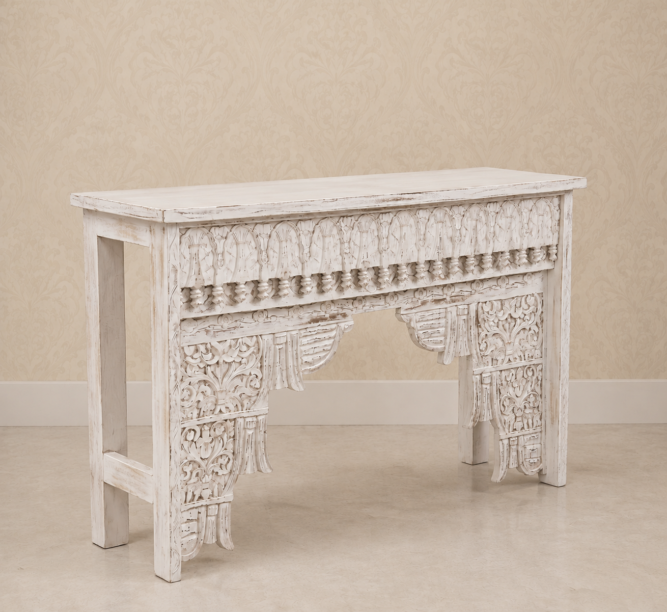 Eka Carved Dressing Table with Mirror in Distressed White