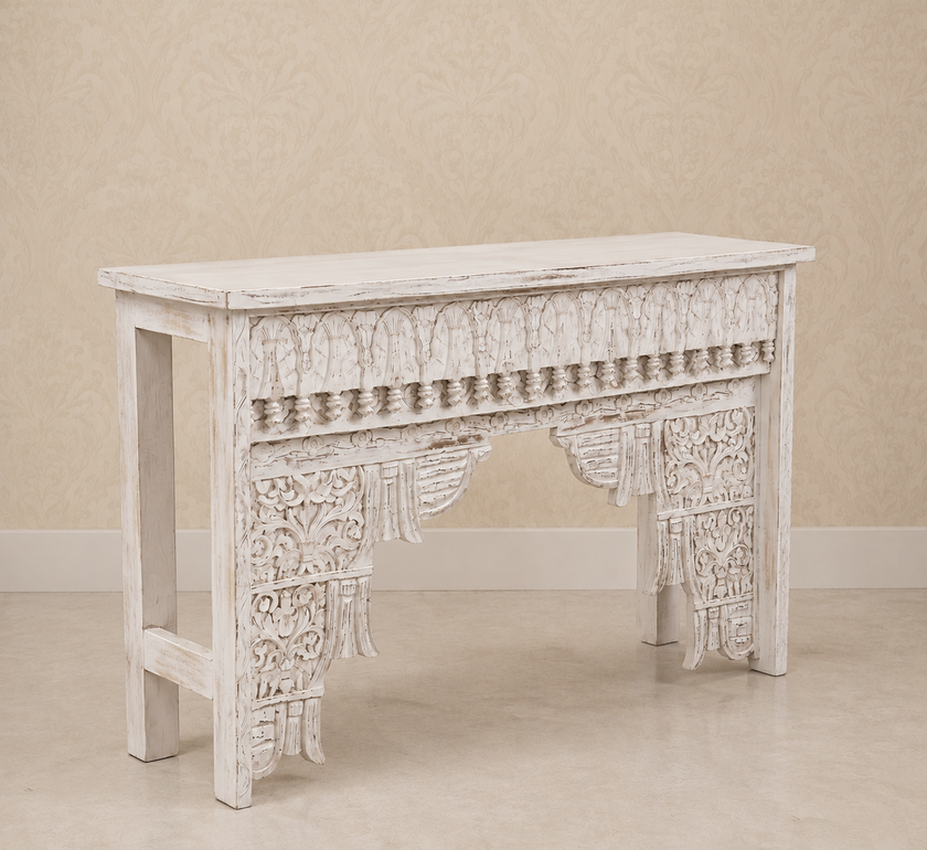 Eka Carved Dressing Table with Mirror in Distressed White