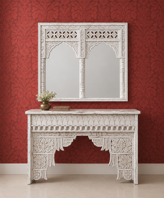 Eka Carved Dressing Table with Mirror in Distressed White