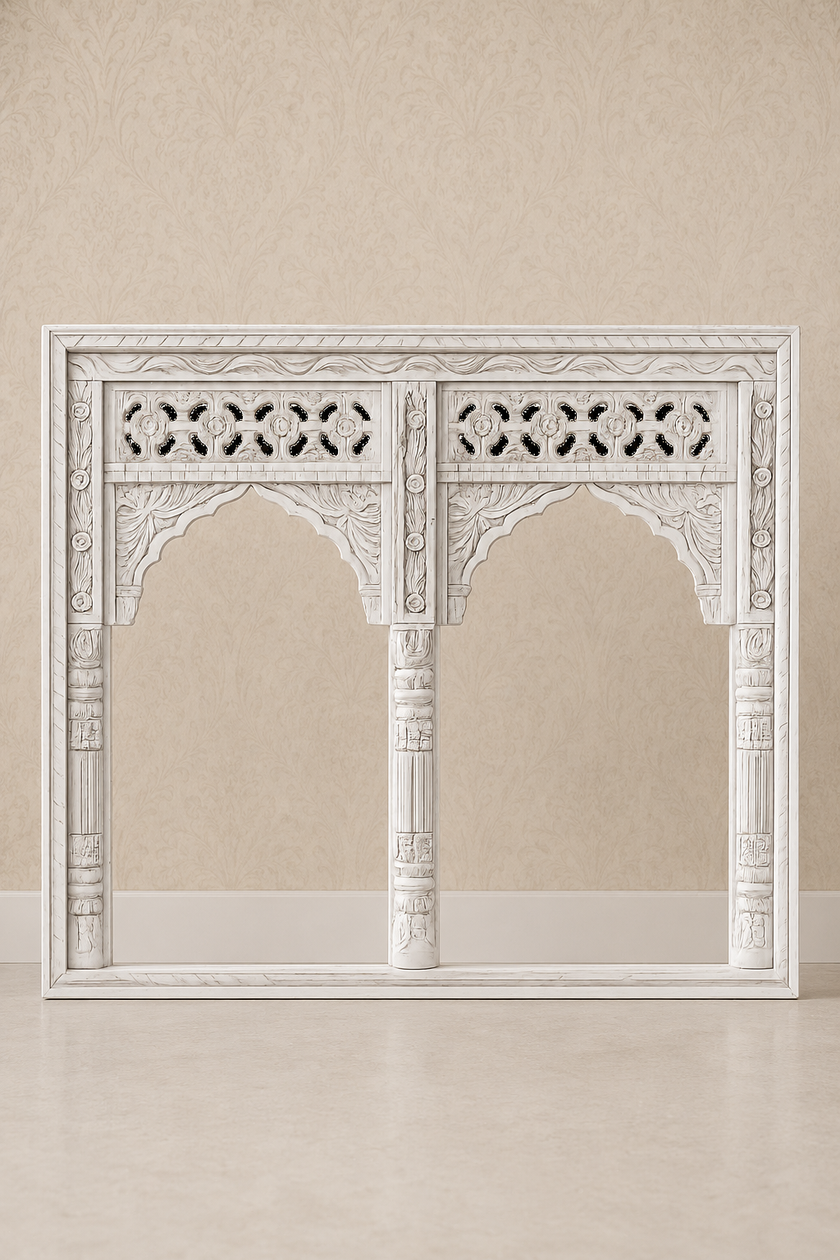 Eka Carved Dressing Table with Mirror in Distressed White