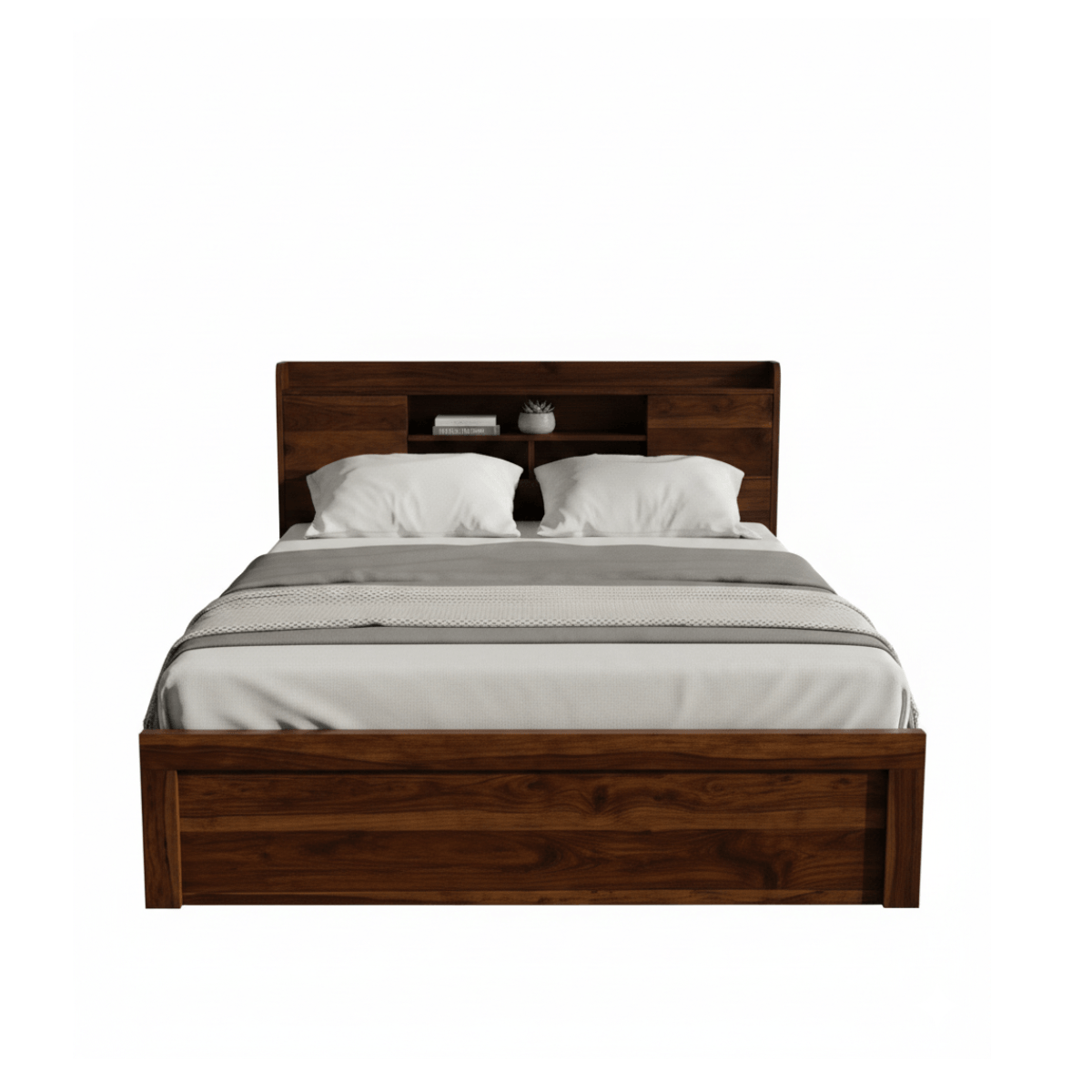 Decky Sheesham Wood Bed with Built-in Headboard Storage Shelf