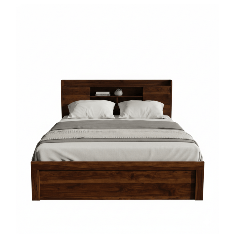 Decky Sheesham Wood Bed with Built-in Headboard Storage Shelf