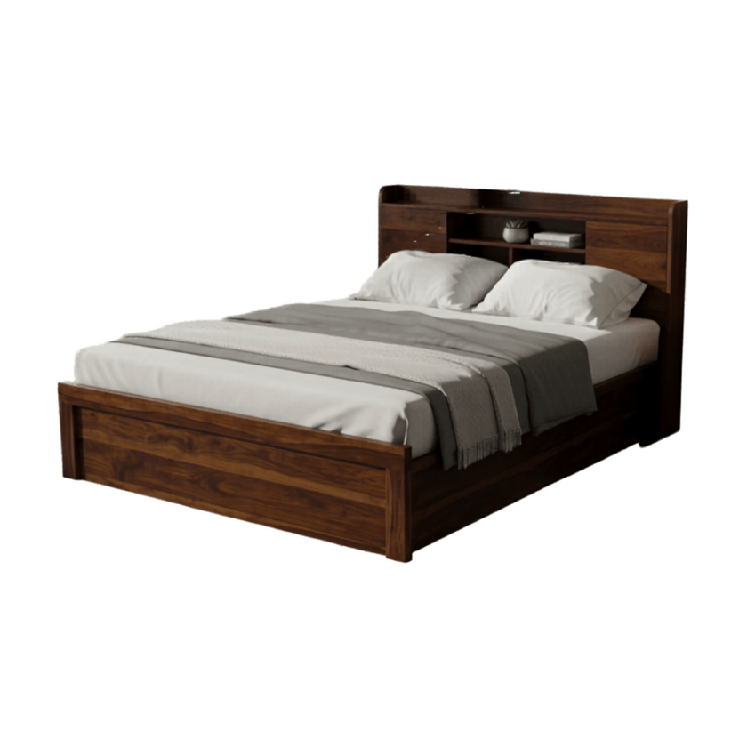 Decky Sheesham Wood Bed with Built-in Headboard Storage Shelf