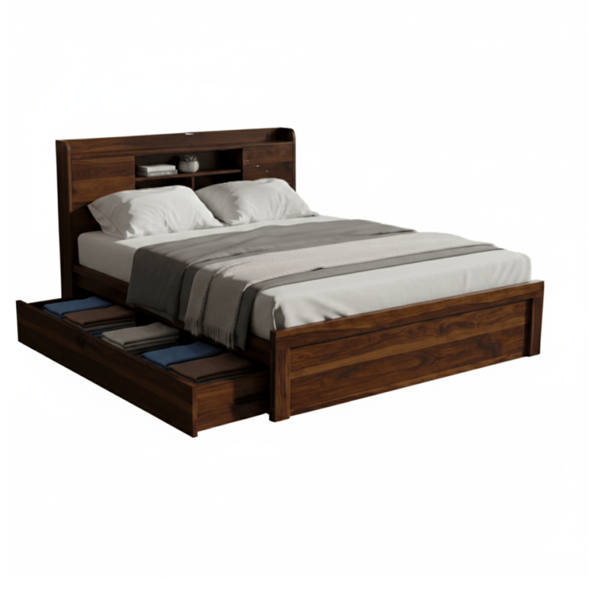Decky Sheesham Wood Bed with Built-in Headboard Storage Shelf