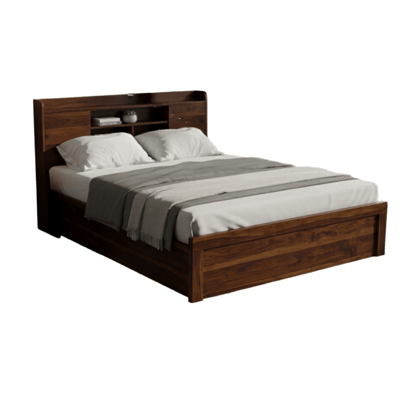 Decky Sheesham Wood Bed with Built-in Headboard Storage Shelf