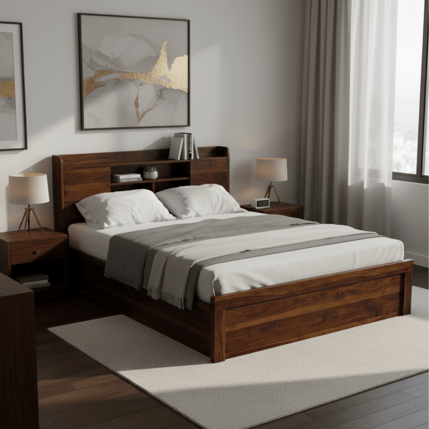 Decky Sheesham Wood Bed with Built-in Headboard Storage Shelf