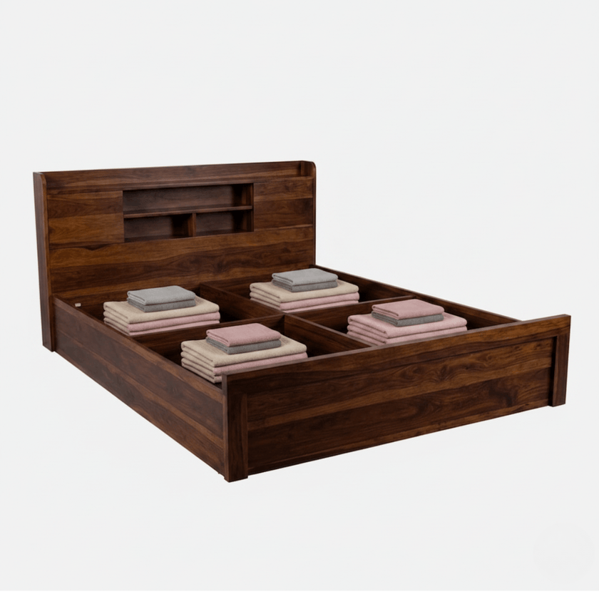 Decky Sheesham Wood Bed with Built-in Headboard Storage Shelf
