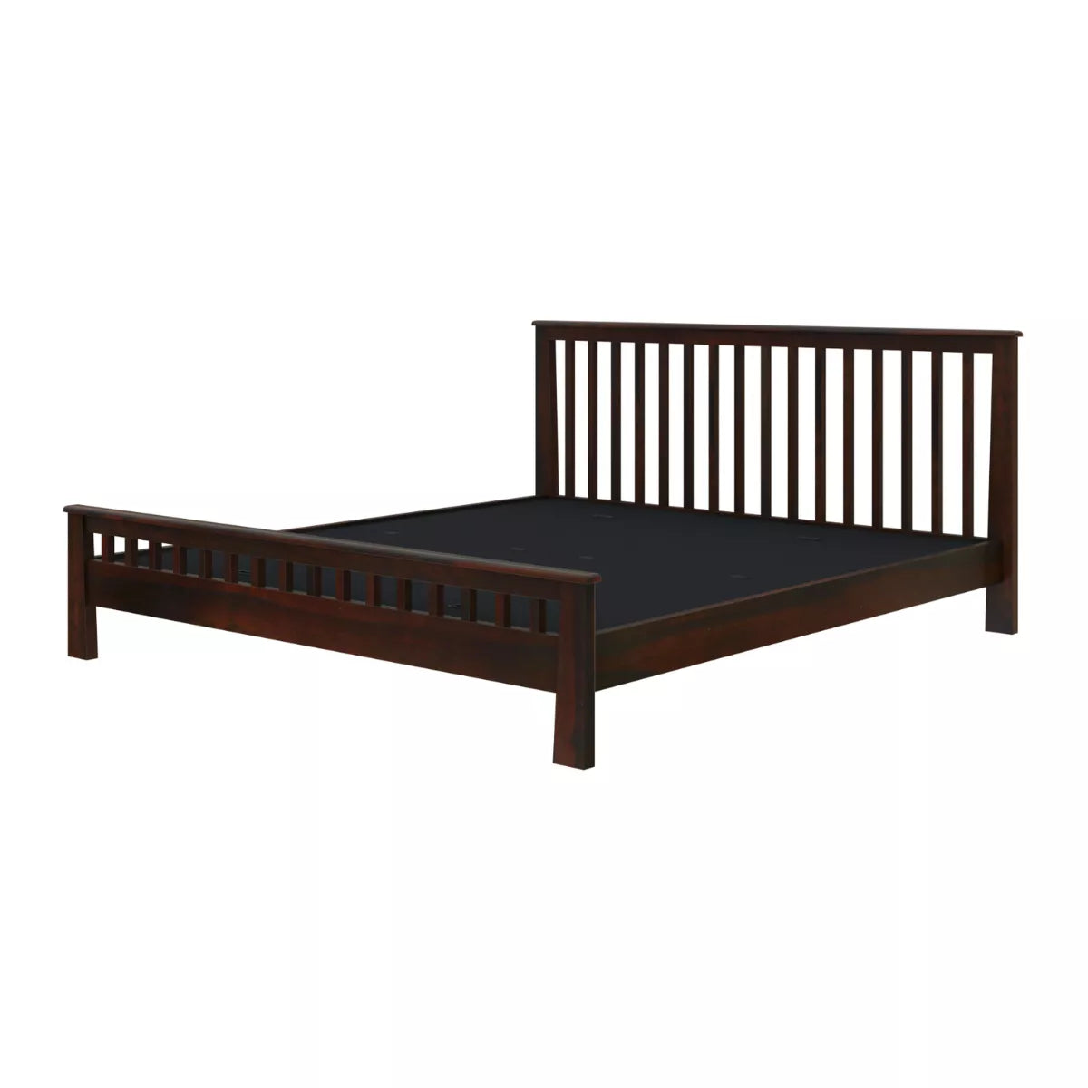 Wooden bed frame with slatted design on a white background