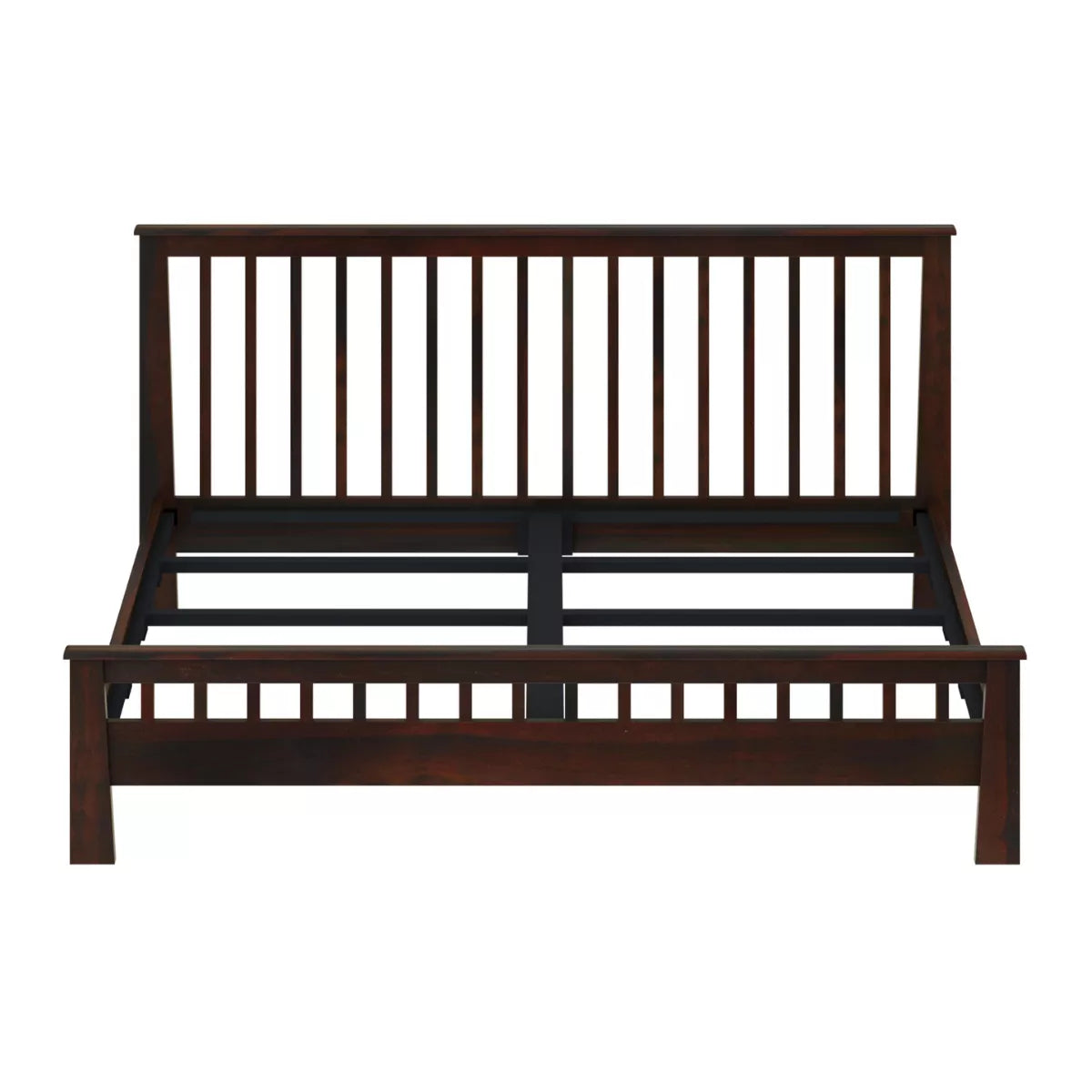 Wooden bed frame with slatted design on a white background
