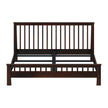 Wooden bed frame with slatted design on a white background