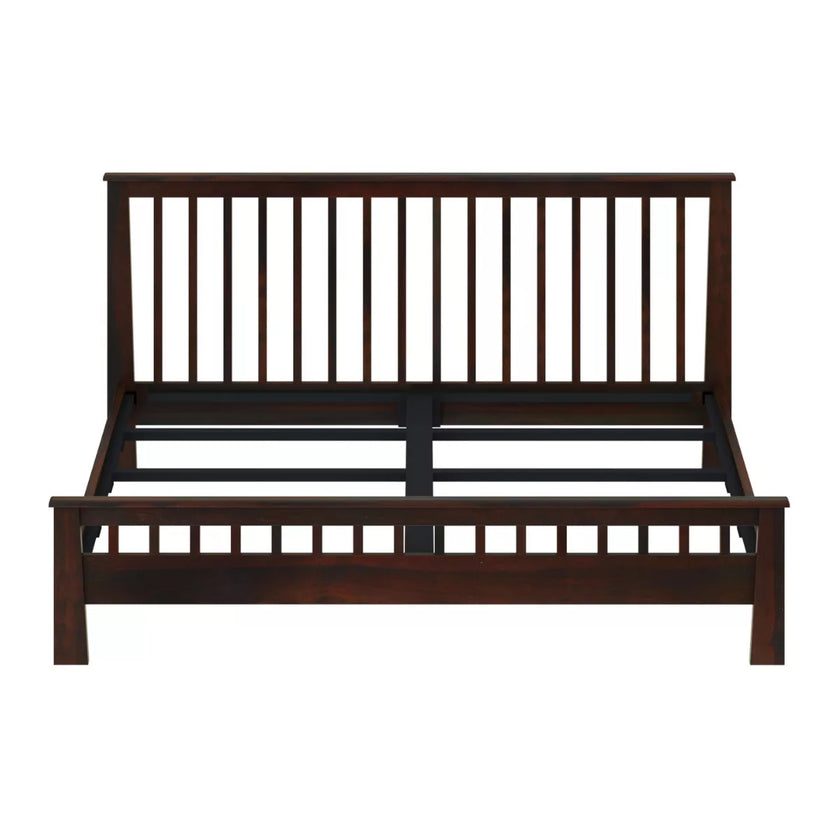 Wooden bed frame with slatted design on a white background