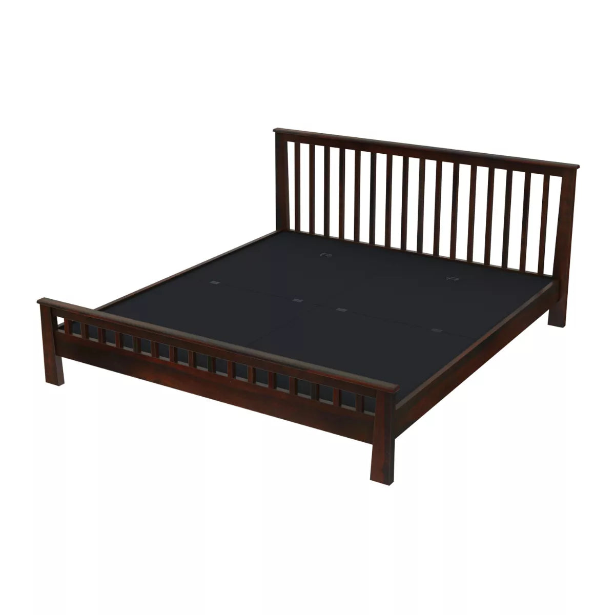 Wooden bed frame with dark finish on a white background