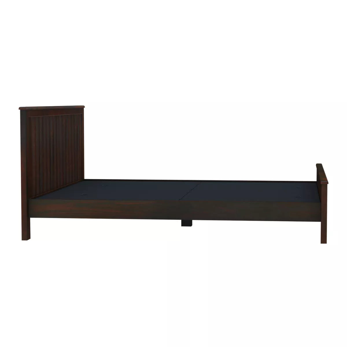 Wooden bed frame with mattress on a white background