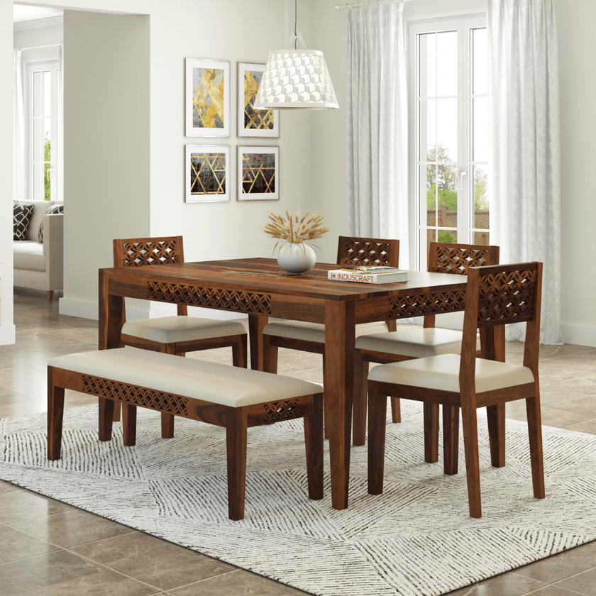 Disa Sheesham Modern Hand-Carved Dining Table Set for 4 - Induscraft