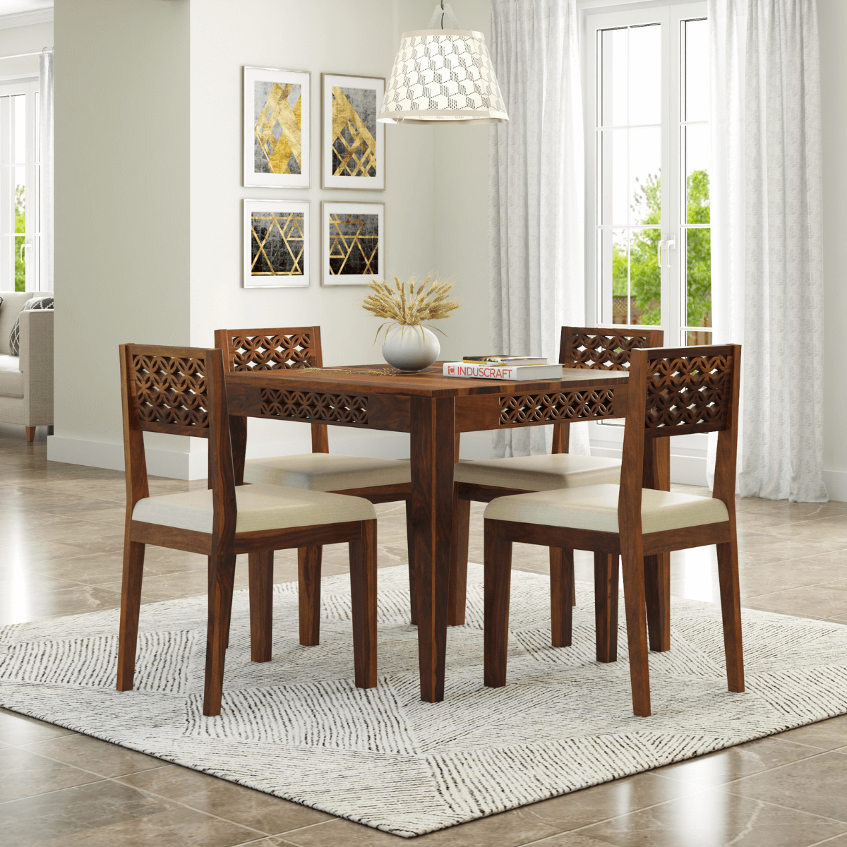 Wooden dining table set with chairs in a well-lit room.