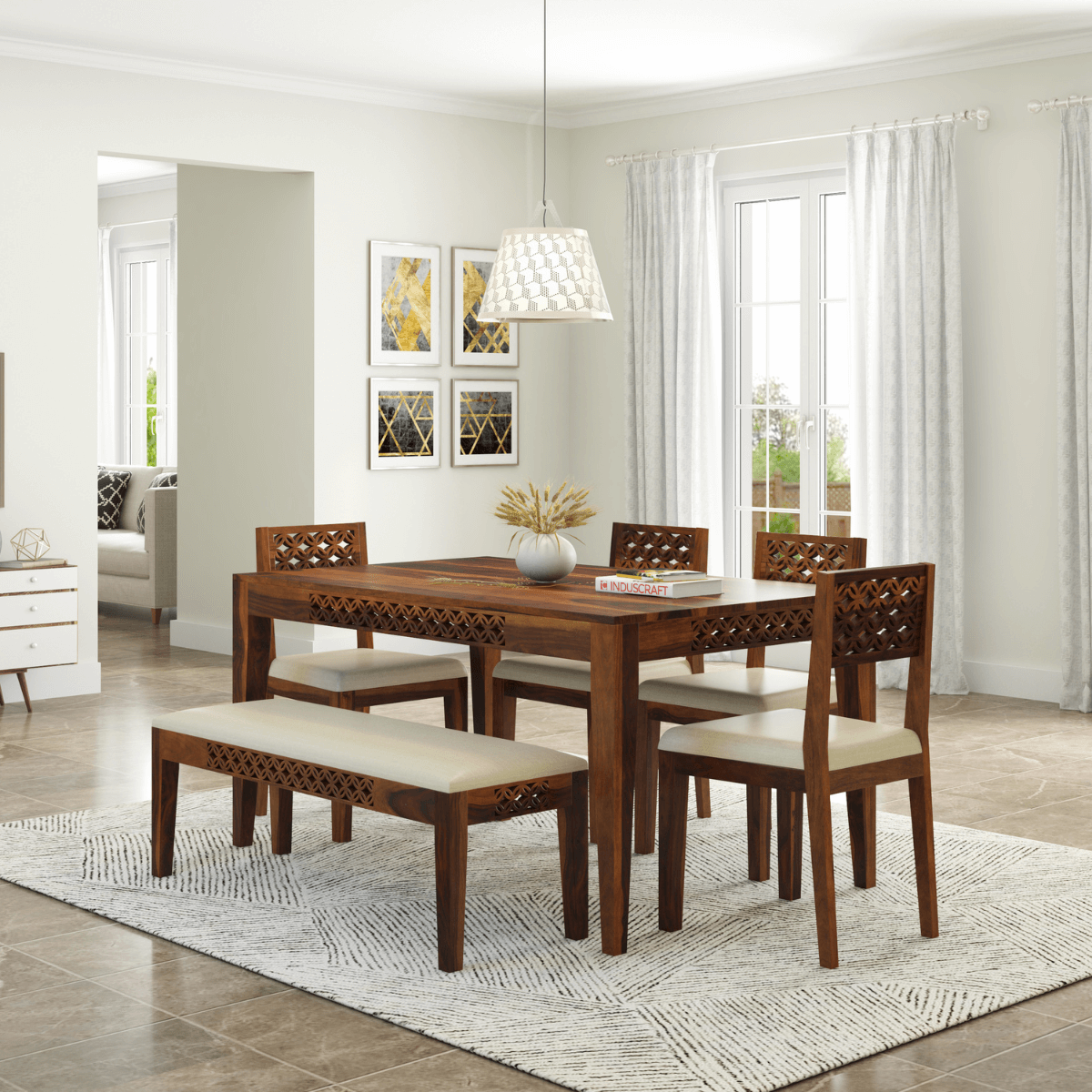 Disa Sheesham Modern Hand-Carved 4 Seater Dining Set