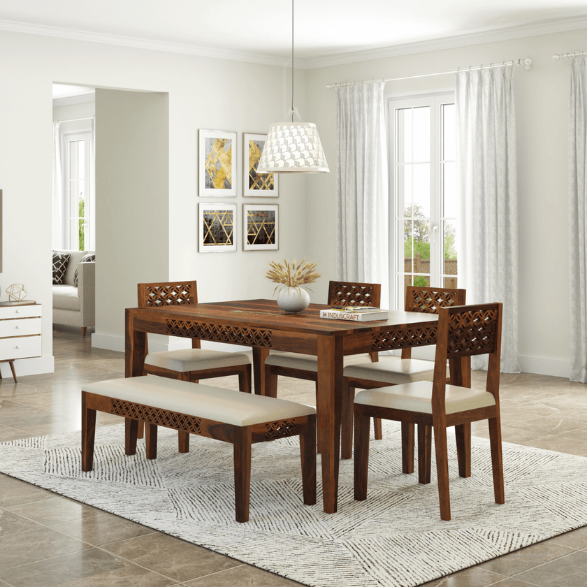 Disa Sheesham Modern Hand-Carved Dining Table Set for 4 - Induscraft