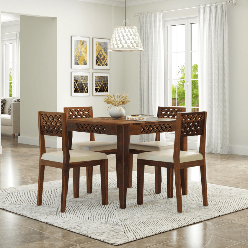 Disa Sheesham Modern Hand-Carved Dining Table Set for 4