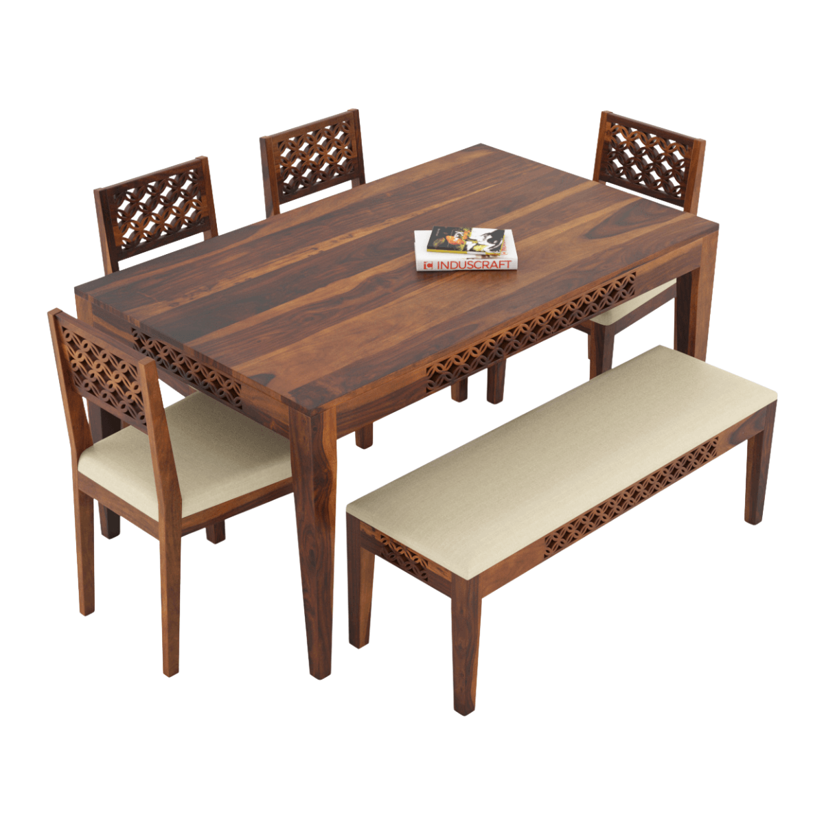 Disa Sheesham Modern Hand-Carved Dining Table Set for 4 - Induscraft