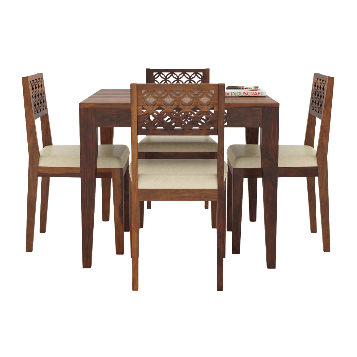 Wooden dining table set with four chairs on a white background