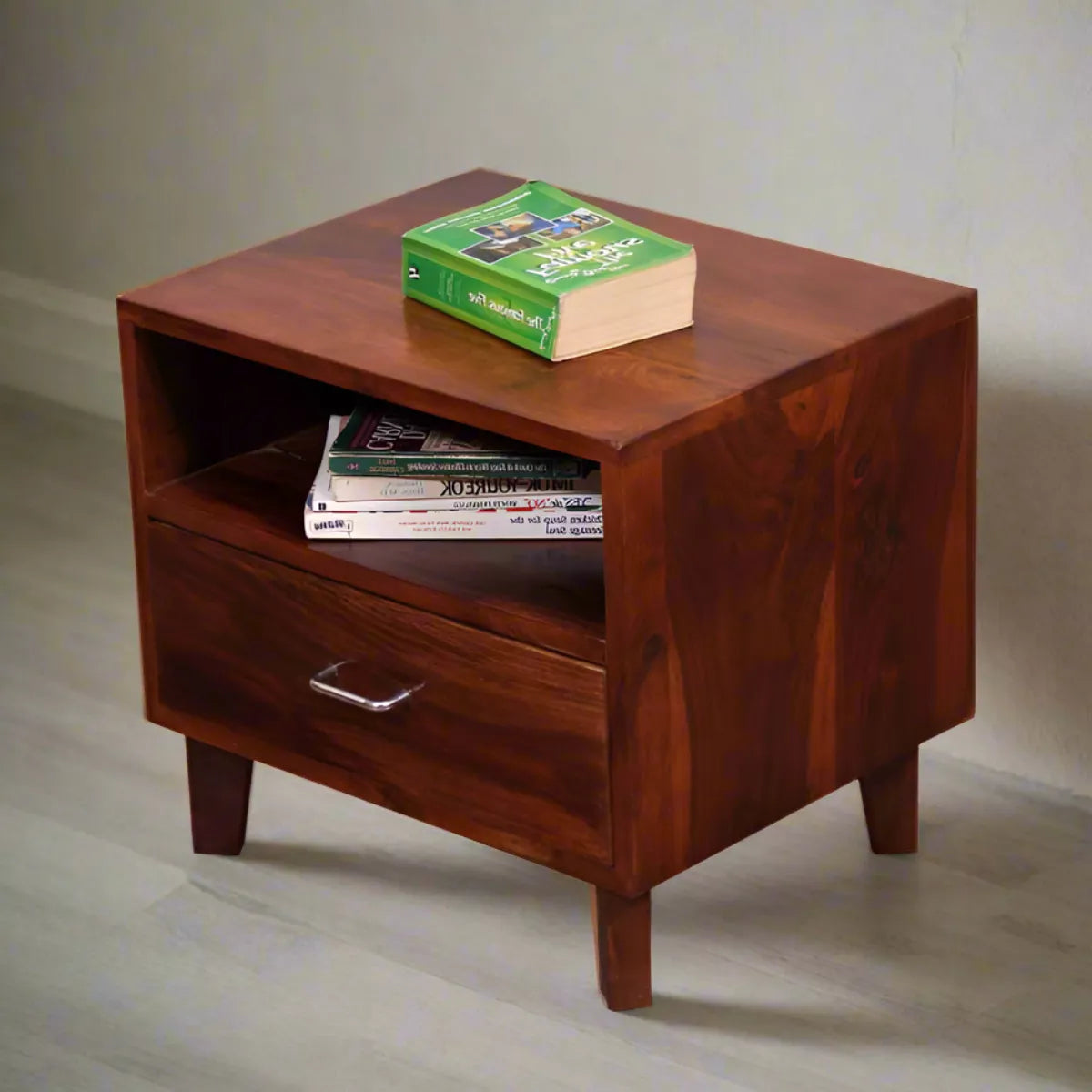 Easter Sheesham Wood Modern One Drawer Bedside Table with Open Shelf