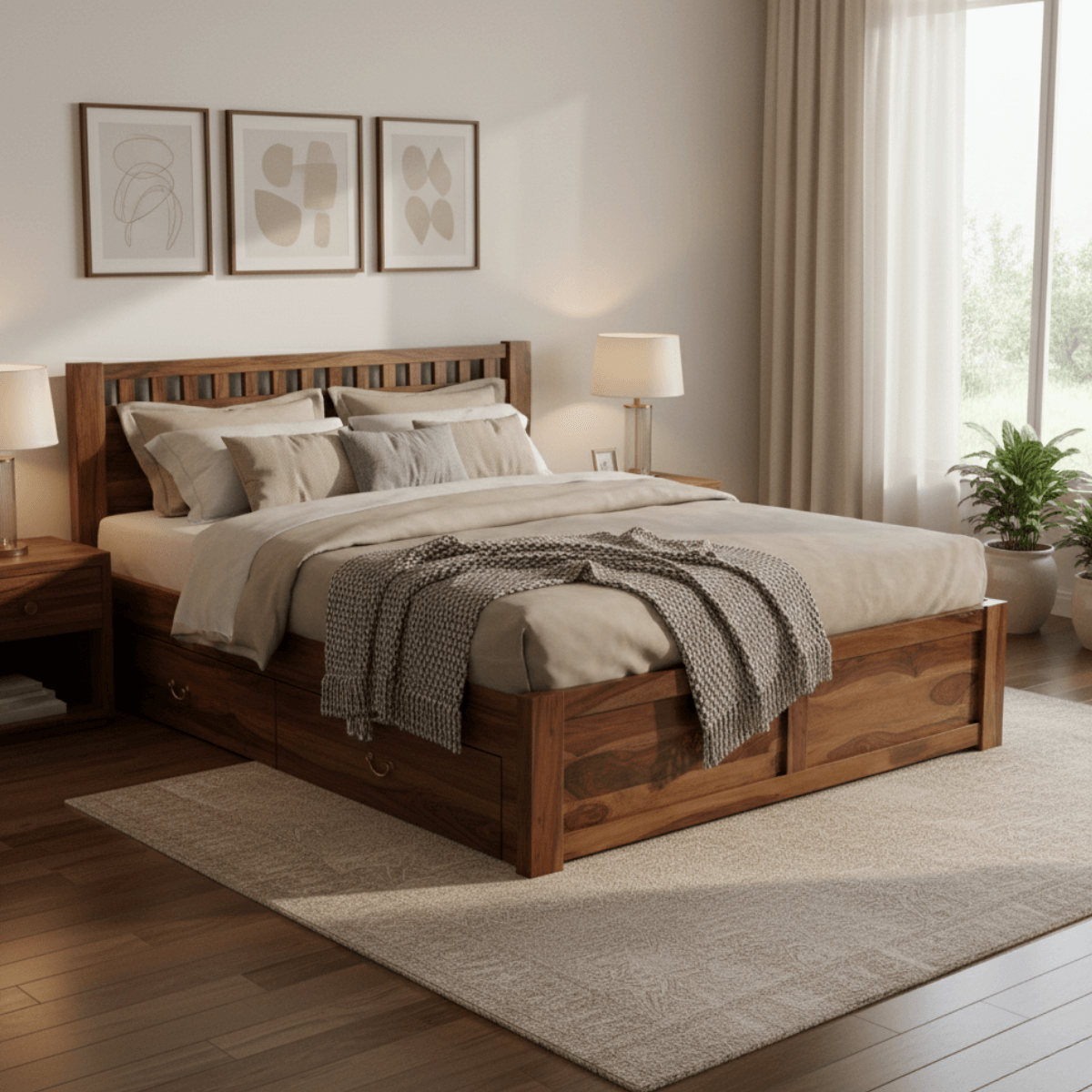 Ethina Classic Sheesham Wood Bed with Open-Square Cutout Accents headboard