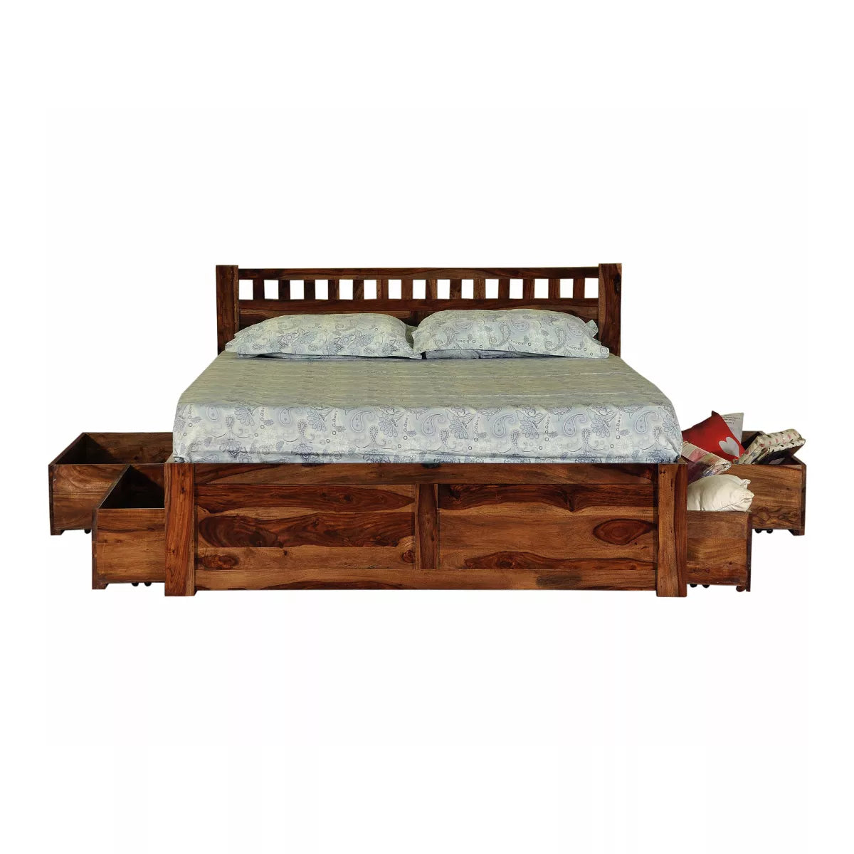 Wooden bed with storage drawers on a white background