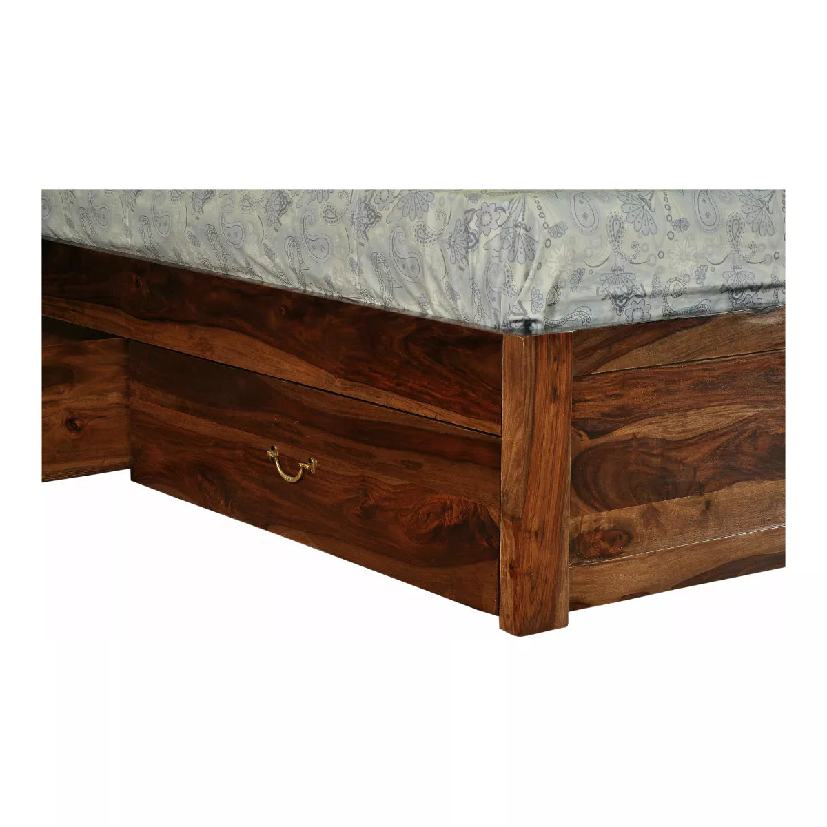 Wooden bed frame with a drawer and mattress on a white background
