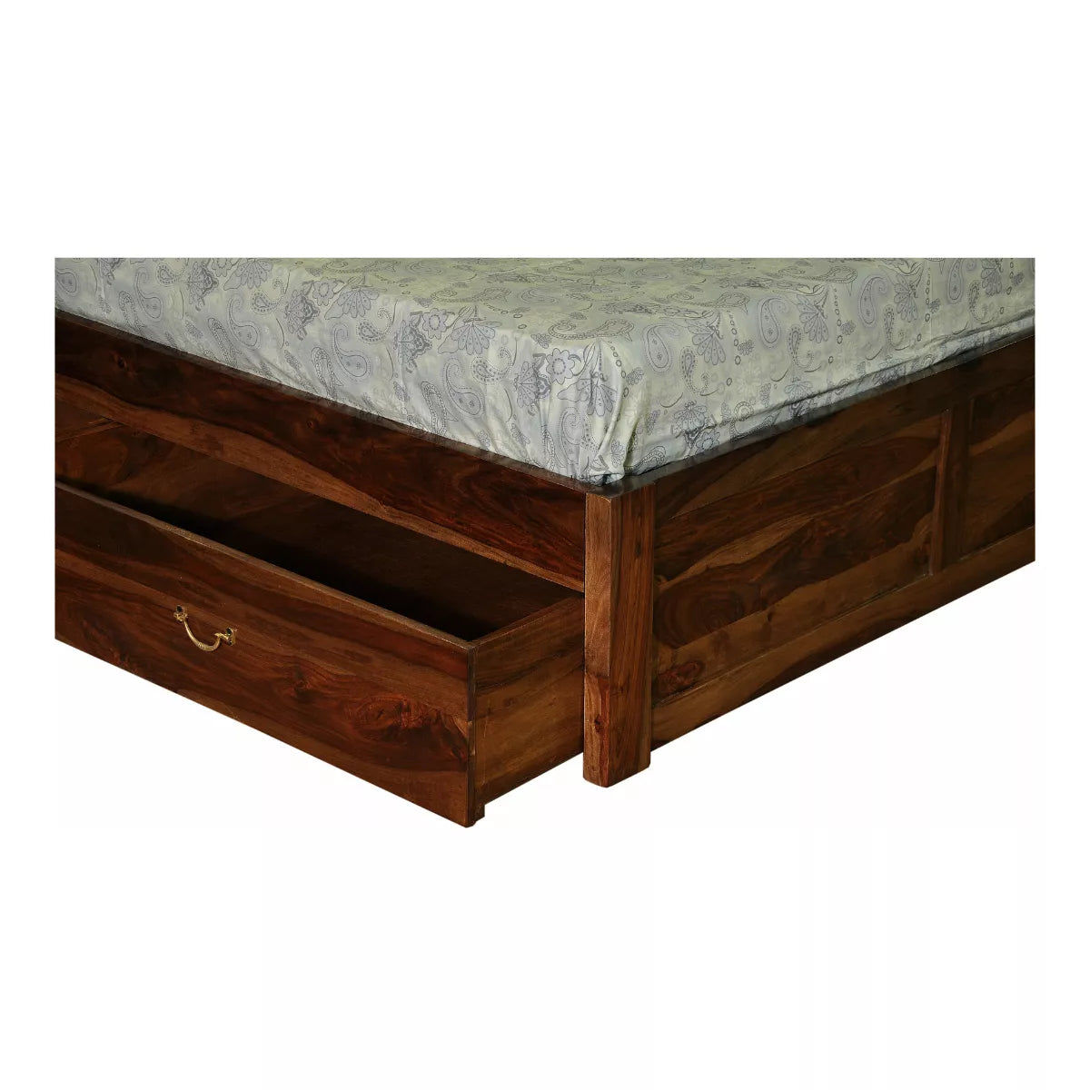 Wooden bed frame with a mattress on a white background