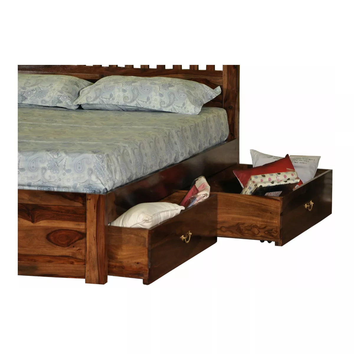 Wooden bed with storage drawers and pillows on a white background