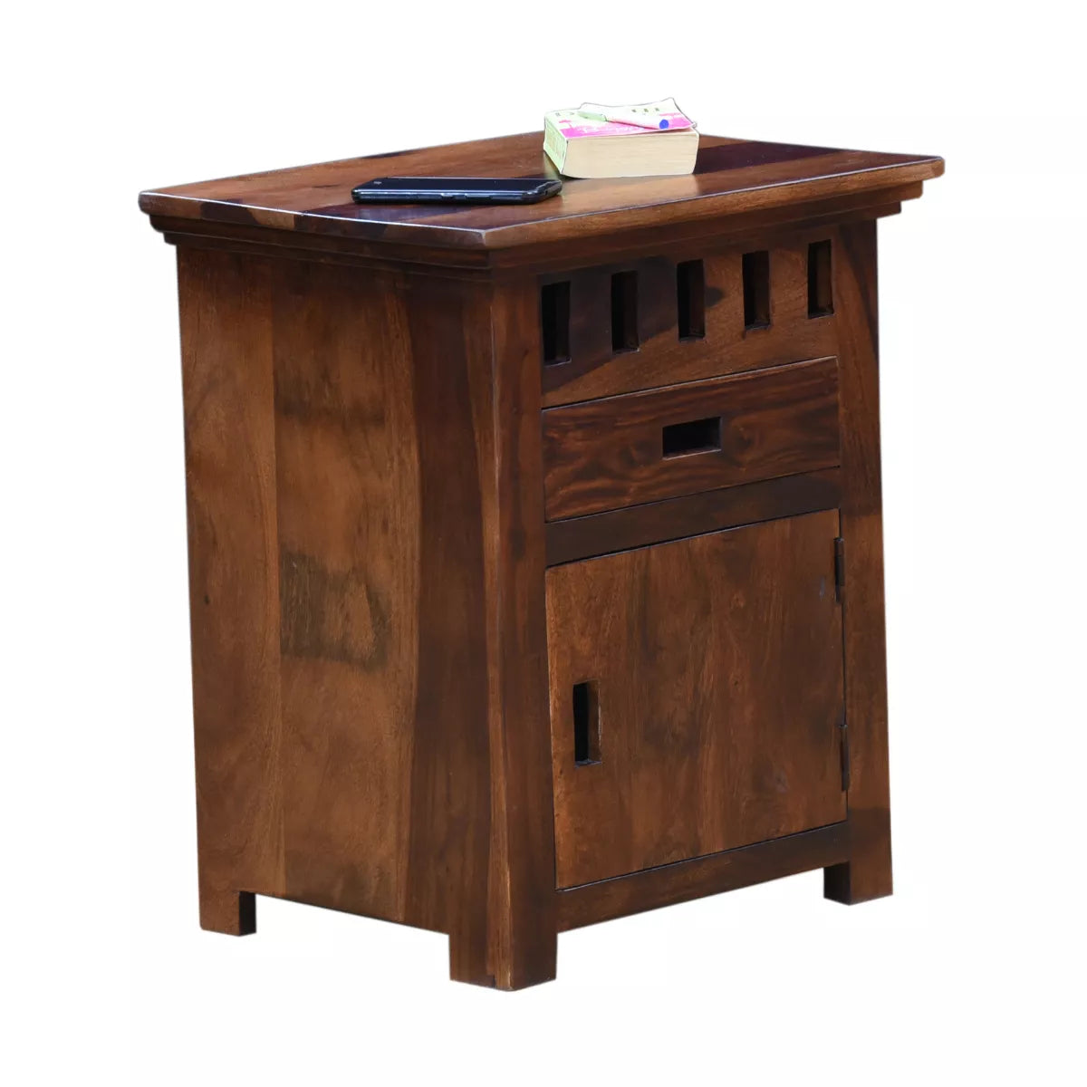 Ethina Sheesham Wood Modern Geometric Rectangular Bedside Table