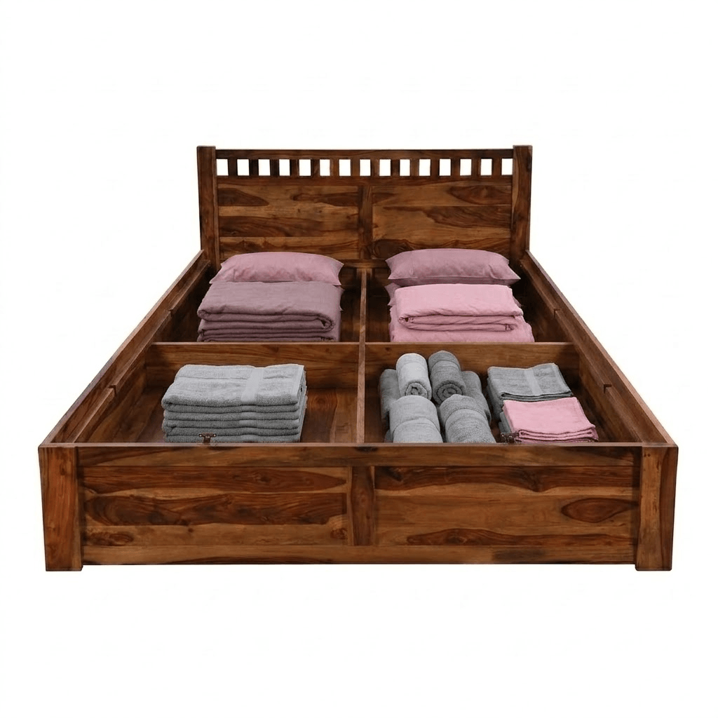 Ethina Classic Solid Sheesham Wood Bed with Open-Square Cutout Accents headboard