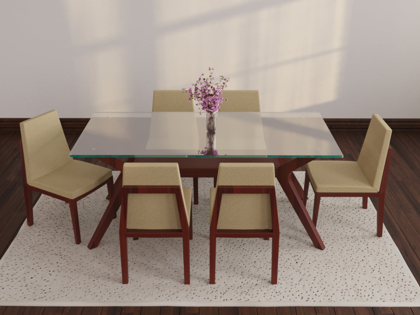 Hendrick Dining Table in Mango Wood with 6 Chairs with Fabric Seating in Modern Design