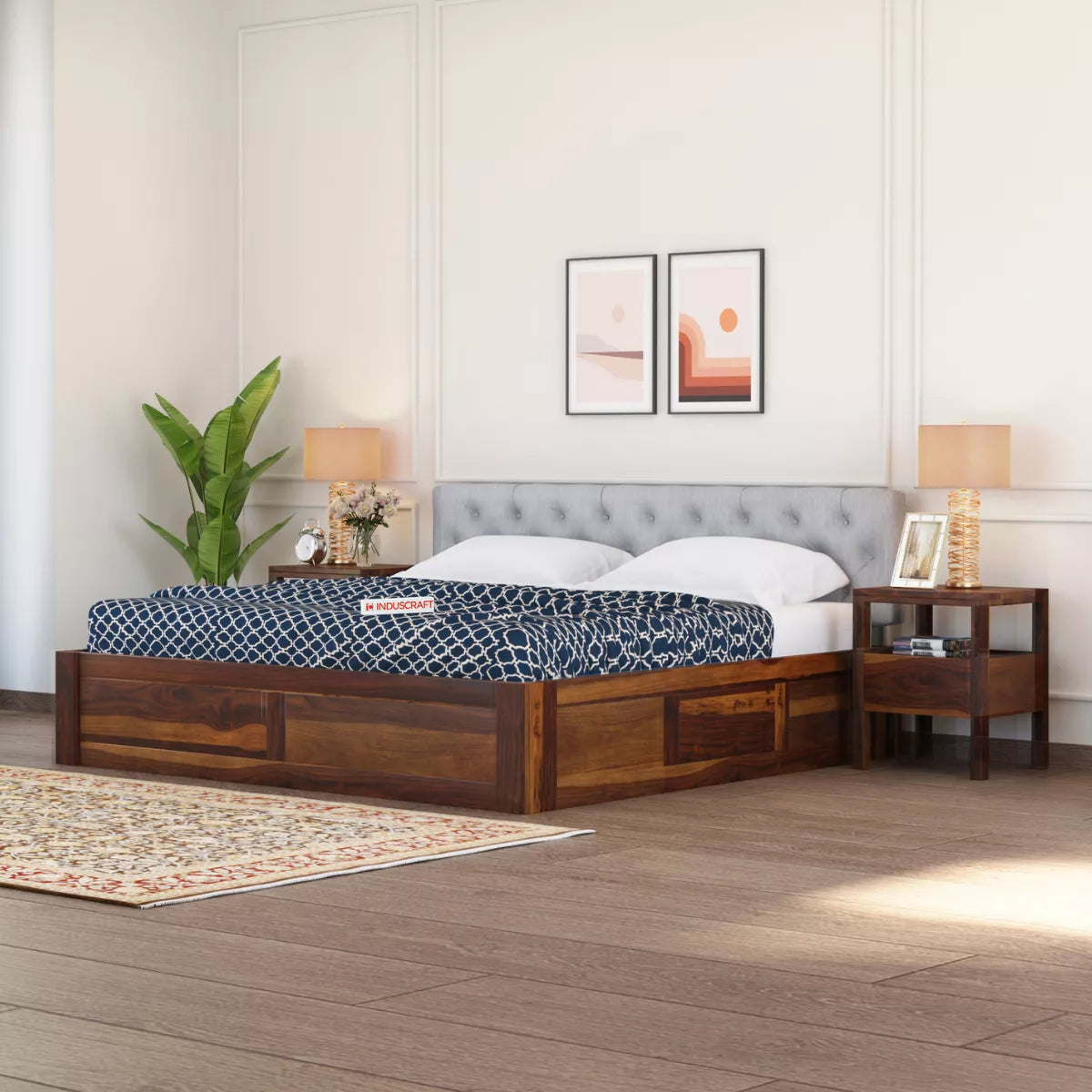 Fabisha Modern Sheesham Wood Platform Bed with Upholstered Headboard