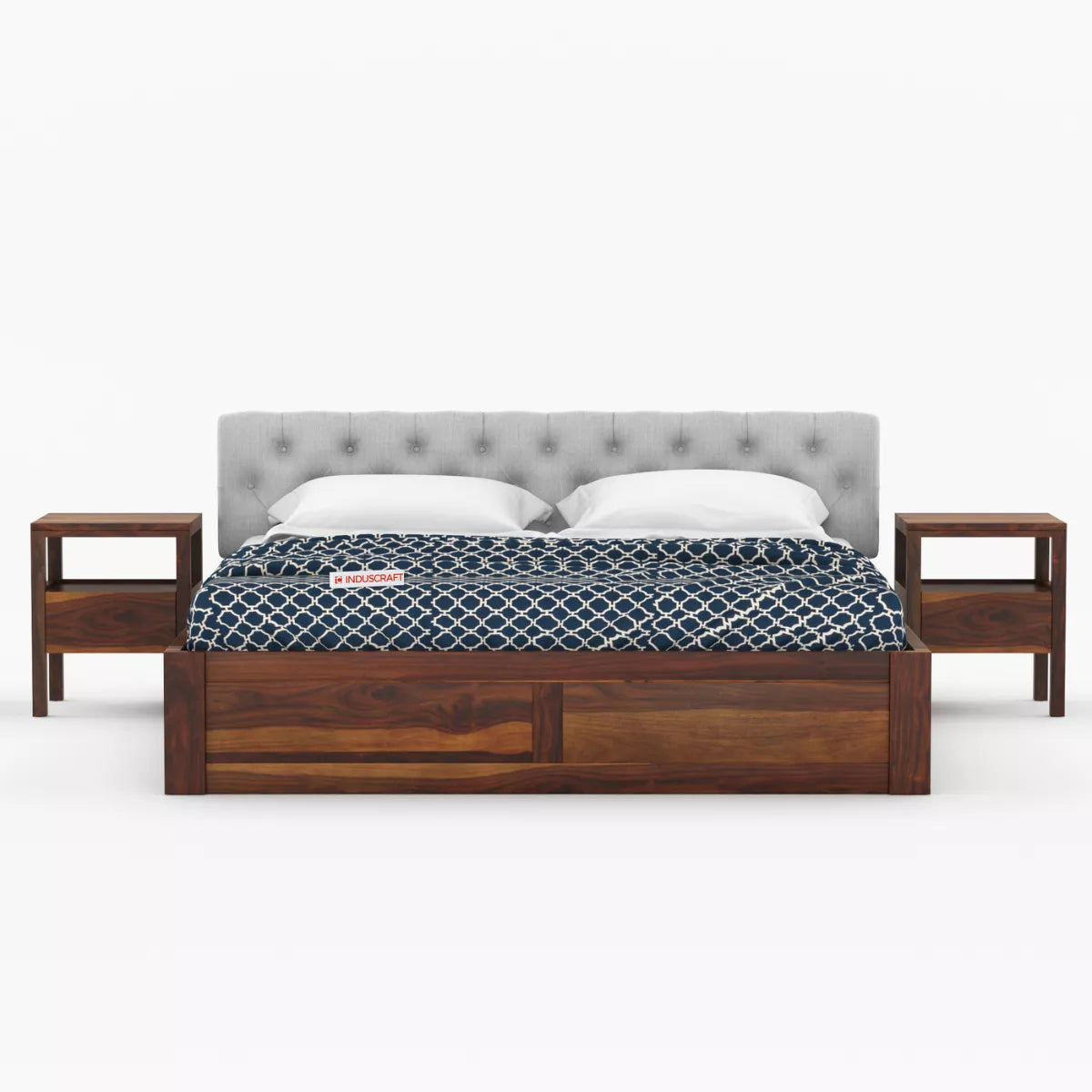 Fabisha Modern Sheesham Wood Platform Bed with Upholstered Headboard