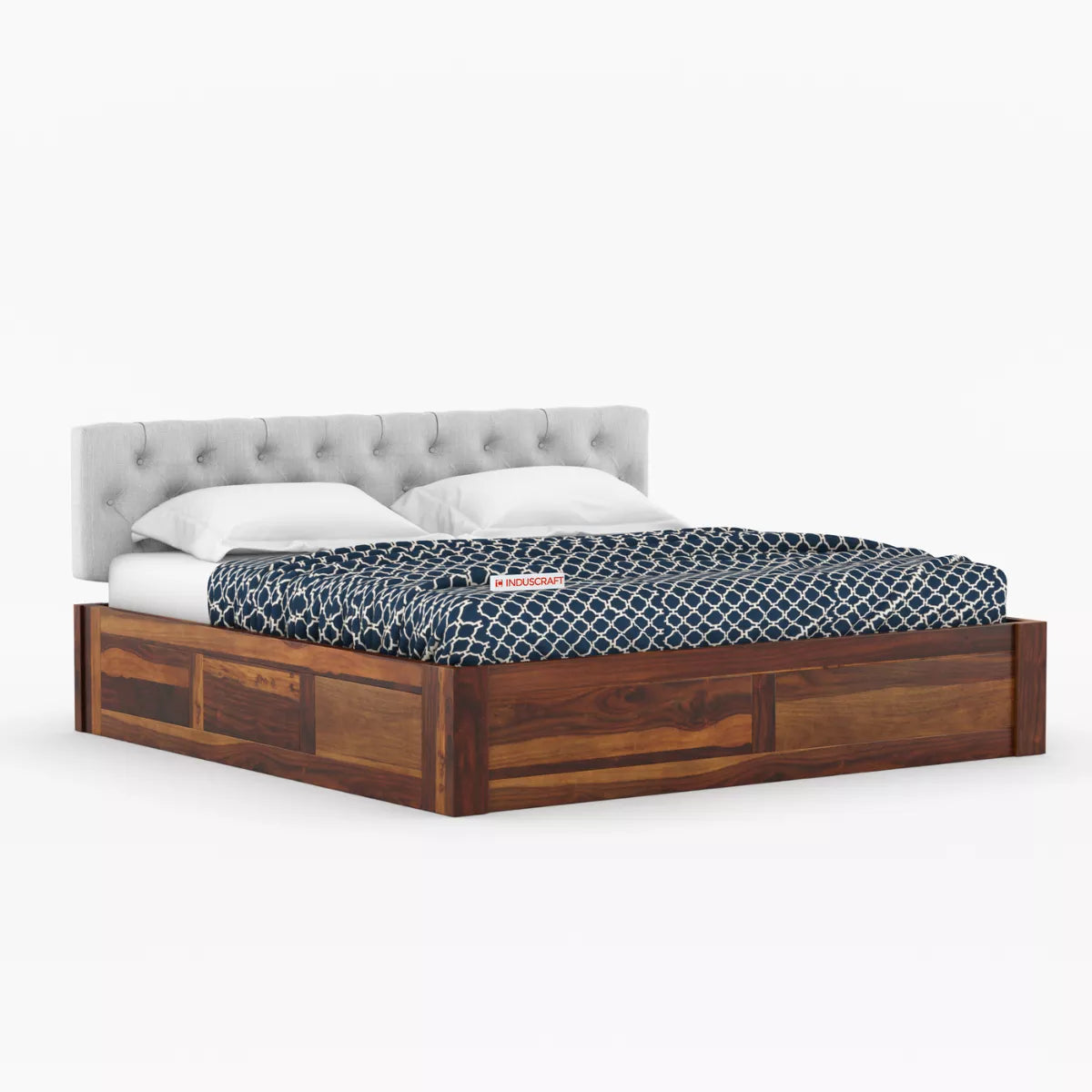 Fabisha Modern Sheesham Wood Platform Bed with Upholstered Headboard