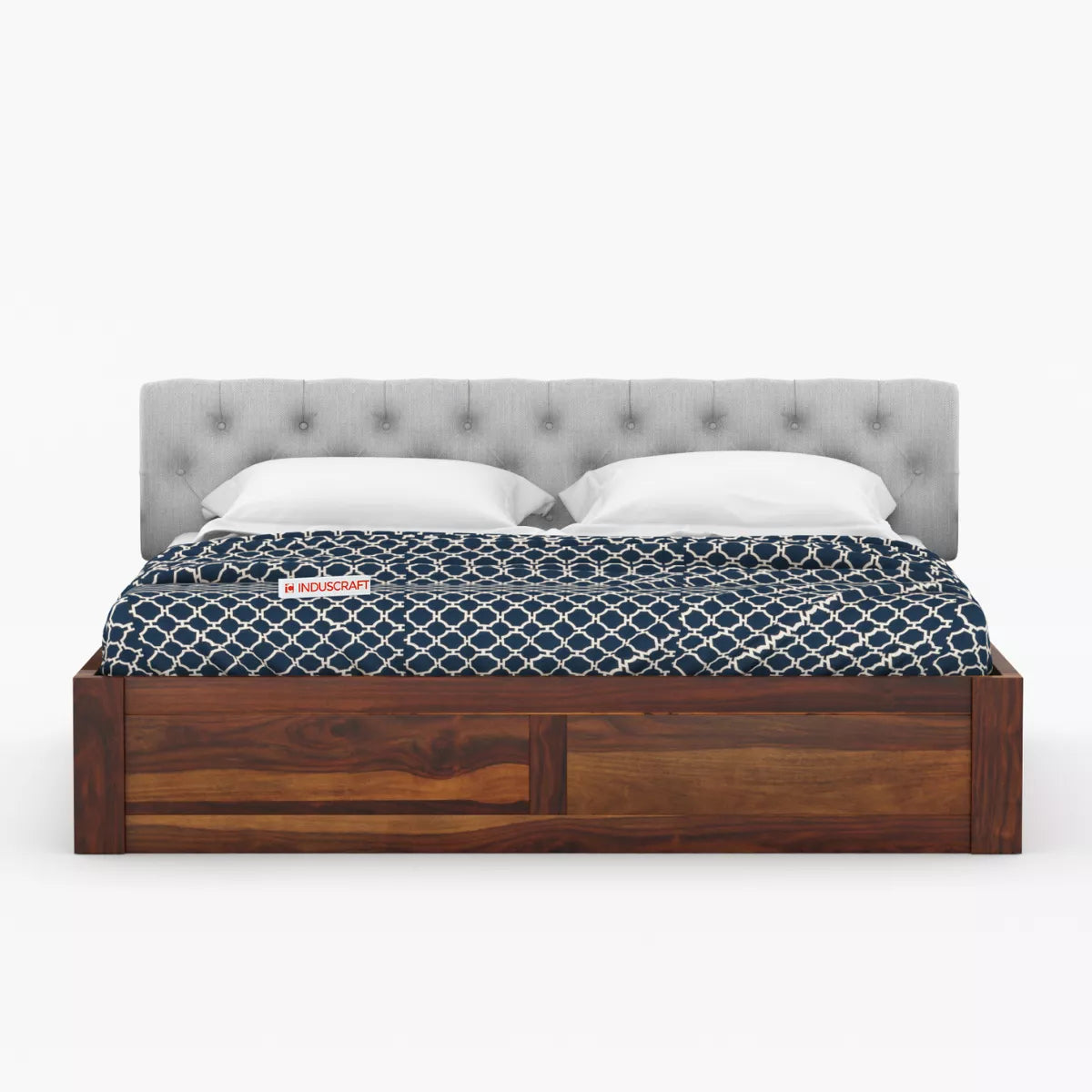 Fabisha Modern Sheesham Wood Platform Bed with Upholstered Headboard