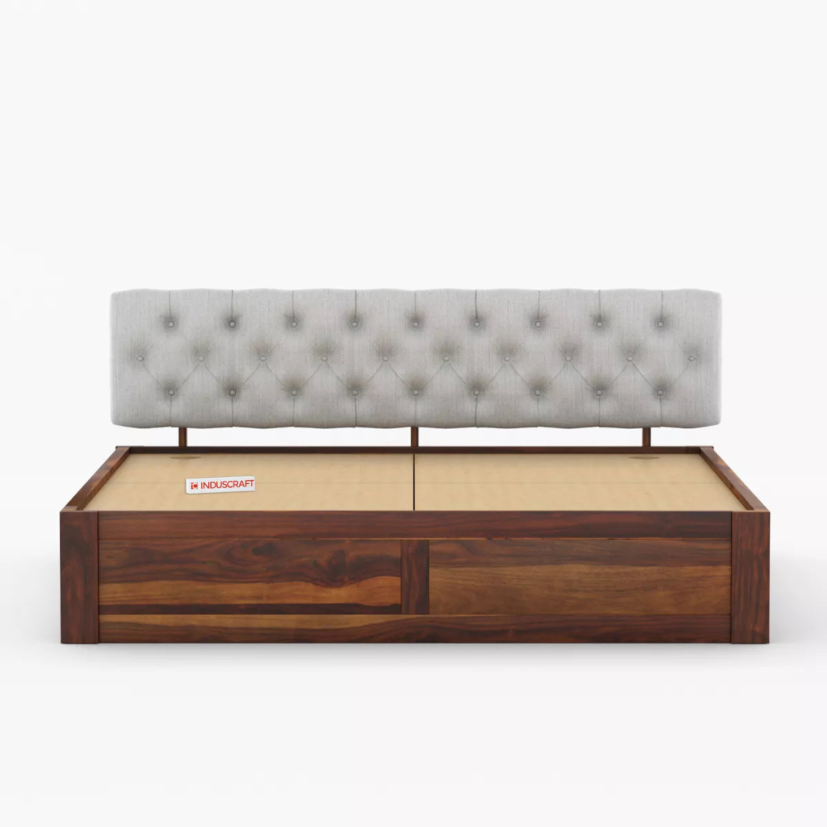 Fabisha Modern Sheesham Wood Platform Bed with Upholstered Headboard - Induscraft
