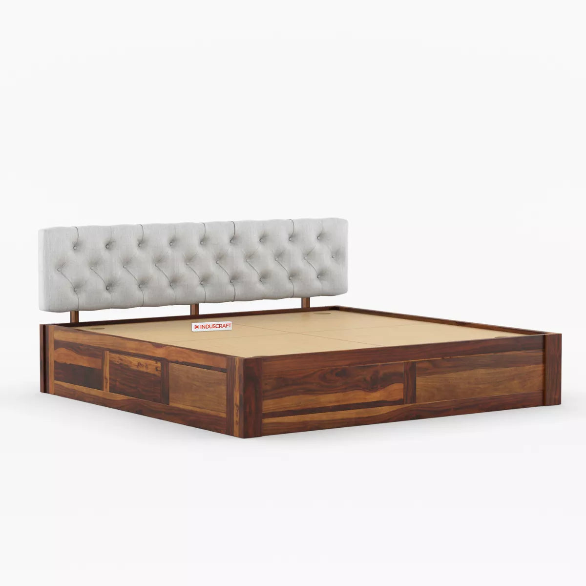 Fabisha Modern Sheesham Wood Platform Bed with Upholstered Headboard - Induscraft