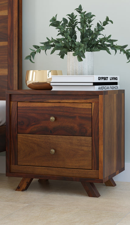 Ferey Sheesham Wood Mid-Century 2 Drawer Beside with Tapered Legs