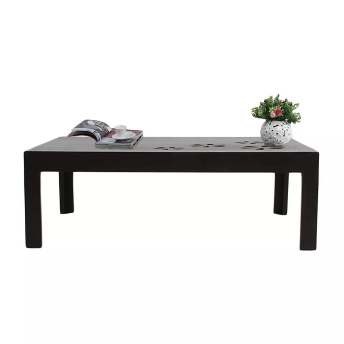 Flower Sheesham Carved Floral Pattern Rectangular Center Table