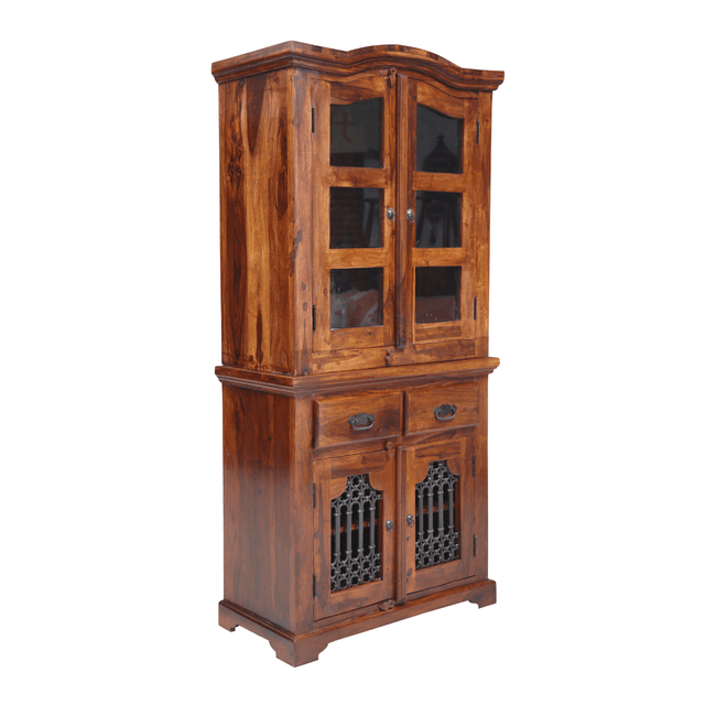 Ganga Sheesham Vintage Jali Tall Display Cabinet with Doors and Drawers