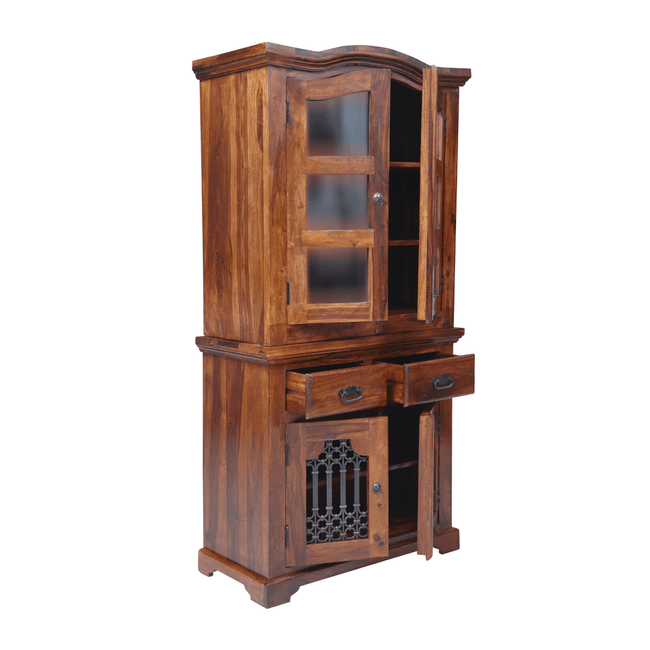 Ganga Sheesham Vintage Jali Tall Display Cabinet with Doors and Drawers