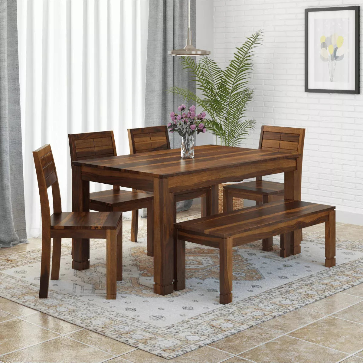 Gangam Sheesham Wood Thick Leg 6 Seater Rectangular Dining Table