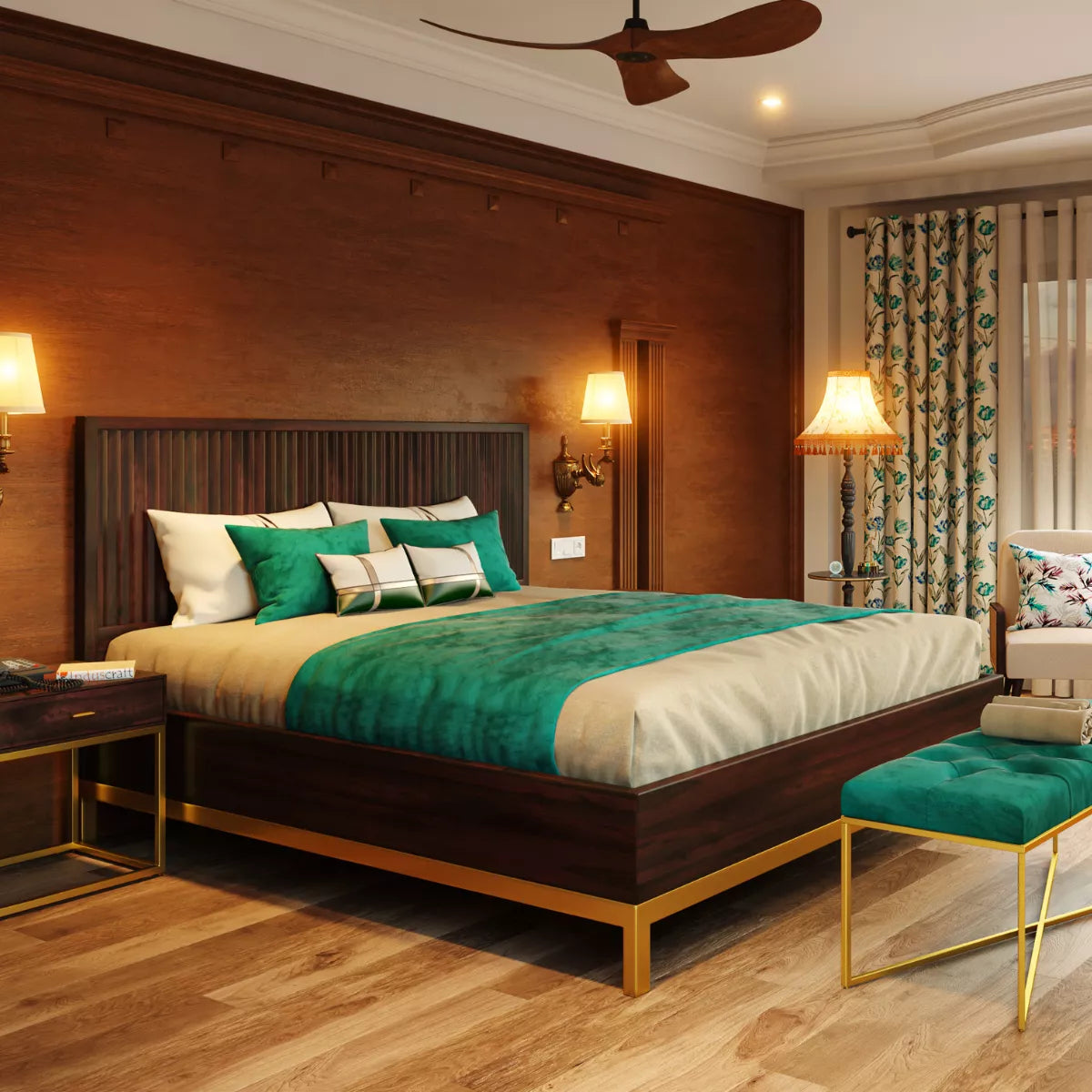 Golden Goa Sheesham Wood Luxury Bed with Fluted Headboard