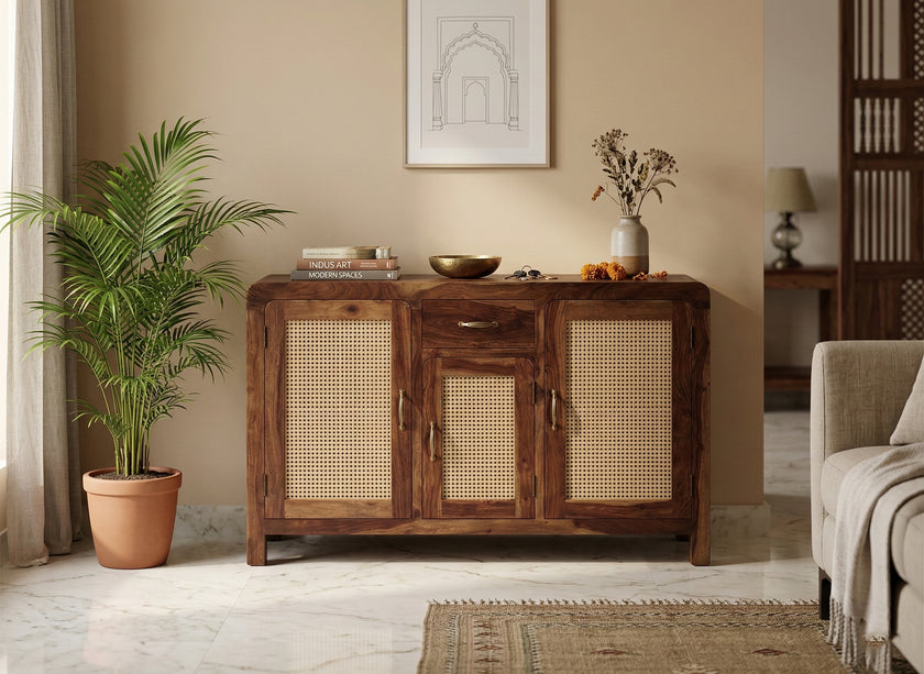 Handcrafted Solid Wood Shoe Rack Cabinet with Cane Doors & Drawer
