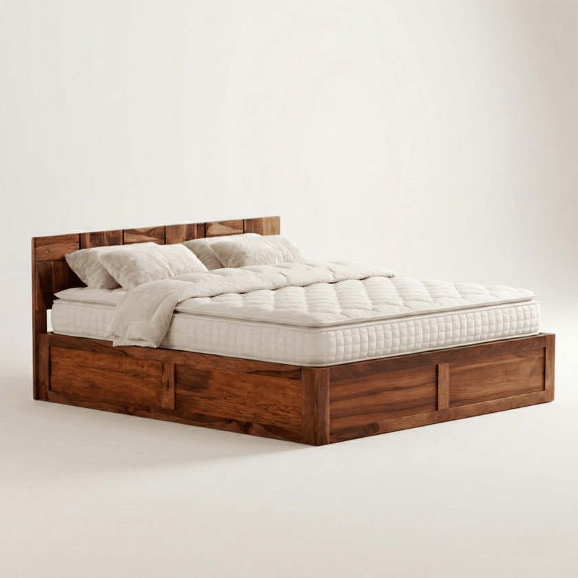 Helix Solid Sheesham Wood Bed with Geometric Pattern Headboard