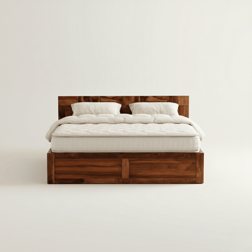 Helix Solid Sheesham Wood Bed with Geometric Pattern Headboard