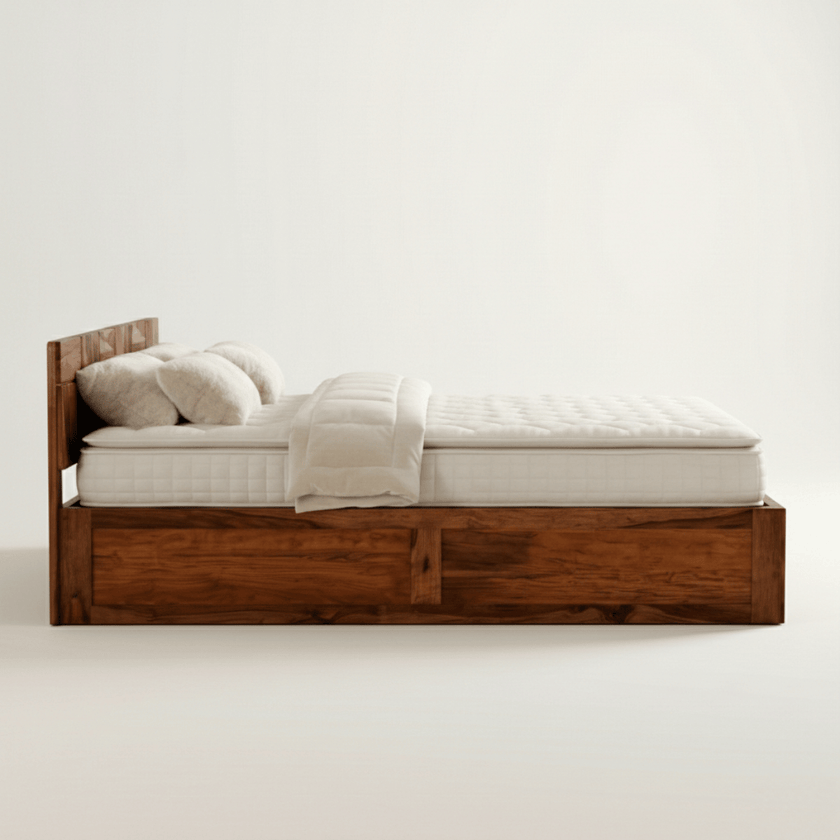 Helix Solid Sheesham Wood Bed with Geometric Pattern Headboard